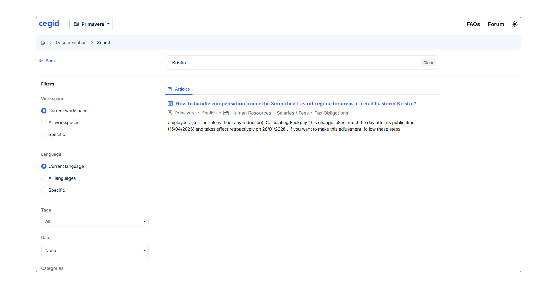 Search interface displaying filters for articles related to storm Kristin compensation.
